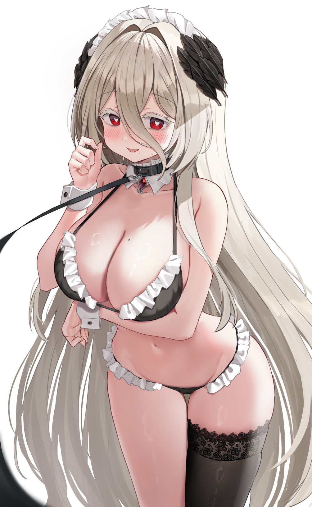 1girl arm_under_breasts bare_arms bare_shoulders bikini black_bikini black_choker black_thighhighs breasts choker cleavage collarbone cowboy_shot feather_hair_ornament feathers frilled_bikini frills grey_hair hair_between_eyes hair_ornament halterneck hand_up heart heart-shaped_pupils highres indie_virtual_youtuber jacket kubong large_breasts leaning_forward leash long_hair looking_at_viewer maid maid_bikini maid_headdress mole mole_on_breast mole_under_eye mole_under_mouth navel open_clothes open_jacket red_eyes single_thighhigh smile solo standing stomach string_bikini sweatdrop swimsuit symbol-shaped_pupils thigh_gap thighhighs thighs unconventional_maid very_long_hair virtual_youtuber wrist_cuffs yacocomilk