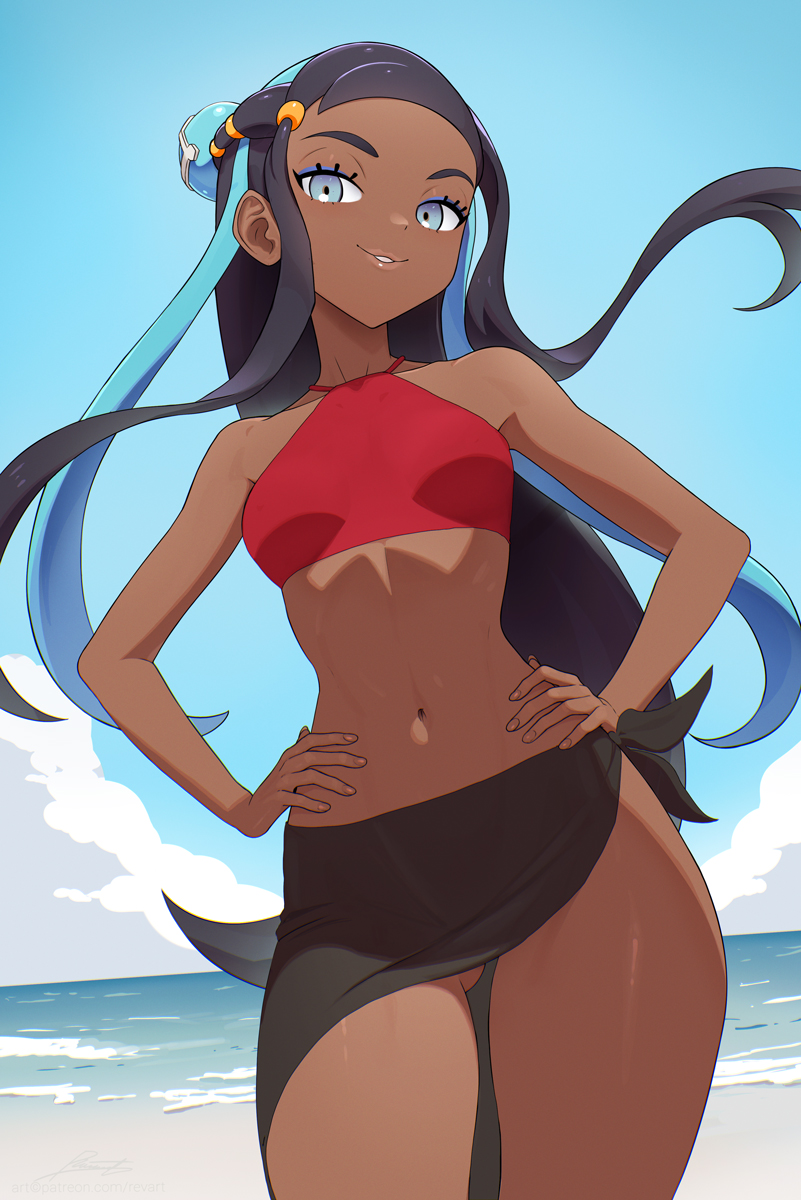 1girl beach bikini black_hair blue_eyes blue_eyeshadow blue_hair blue_sky breasts creatures_(company) crop_top dark-skinned_female dark_skin eyeshadow game_freak hair_bun half-closed_eyes hands_on_own_hips highres long_hair makeup multicolored_hair navel nessa_(pokemon) nintendo pokemon pokemon:_twilight_wings pokemon_swsh revenantart single_hair_bun sky smile solo swimsuit tankini two-tone_hair