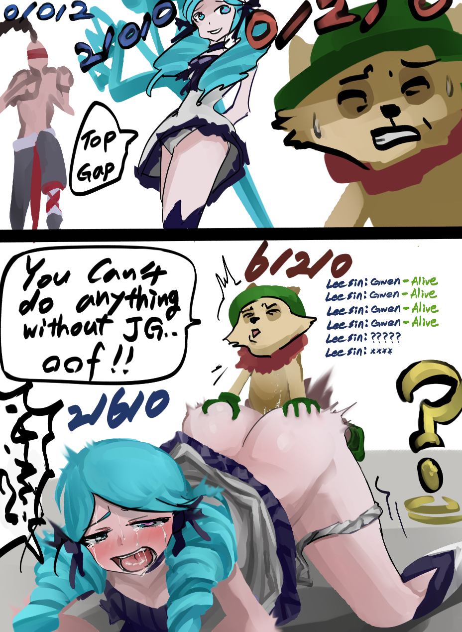 1girl 2boys ahegao all_fours aqua_hair ass blush breast_press breasts clothed_female_nude_male clothed_sex colored_skin doggystyle english_text grabbing_another&#039;s_ass grabbing_from_behind groping gwen_(league_of_legends) highres instant_loss interspecies league_of_legends long_hair medium_breasts multiple_boys nipples nude open_mouth sex sex_from_behind simple_background speech_bubble teemo tongue tongue_out top-down_bottom-up twintails