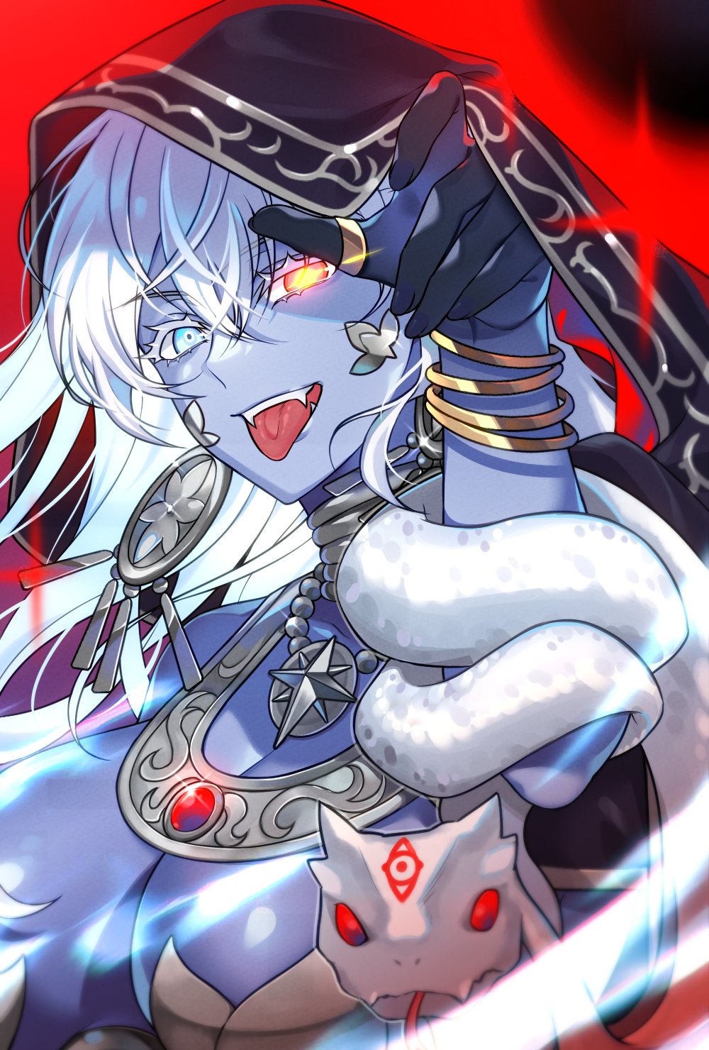 1girl black_hood blue_eyes blue_skin breasts cleavage colored_skin earrings fangs fangs_out fate/grand_order fate_(series) glowing glowing_eye heterochromia highres hood hood_up indian_clothes jewelry kali_(fate) large_breasts large_earrings long_hair looking_at_viewer metal_bracelet neck_ring orange_eyes red_background red_eyes revealing_clothes selloum snake solo thumb_ring tongue tongue_out white_hair white_snake