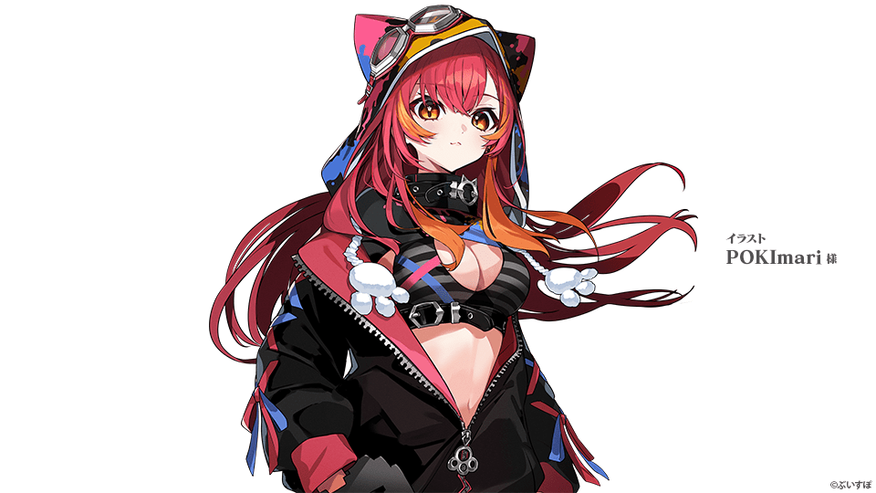 1girl animal_ear_hood artist_name belt_collar black_collar black_jacket black_shrug bra breasts cleavage collar fake_animal_ears goggles goggles_on_headwear hood hooded_jacket jacket long_hair looking_at_viewer midriff_peek nekota_tsuna official_art orange_eyes paint_splatter partially_unzipped paw-shaped_pupils pokimari red_hair shrug_(clothing) solo striped_bra striped_clothes swept_bangs symbol-shaped_pupils underwear upper_body virtual_youtuber vspo!