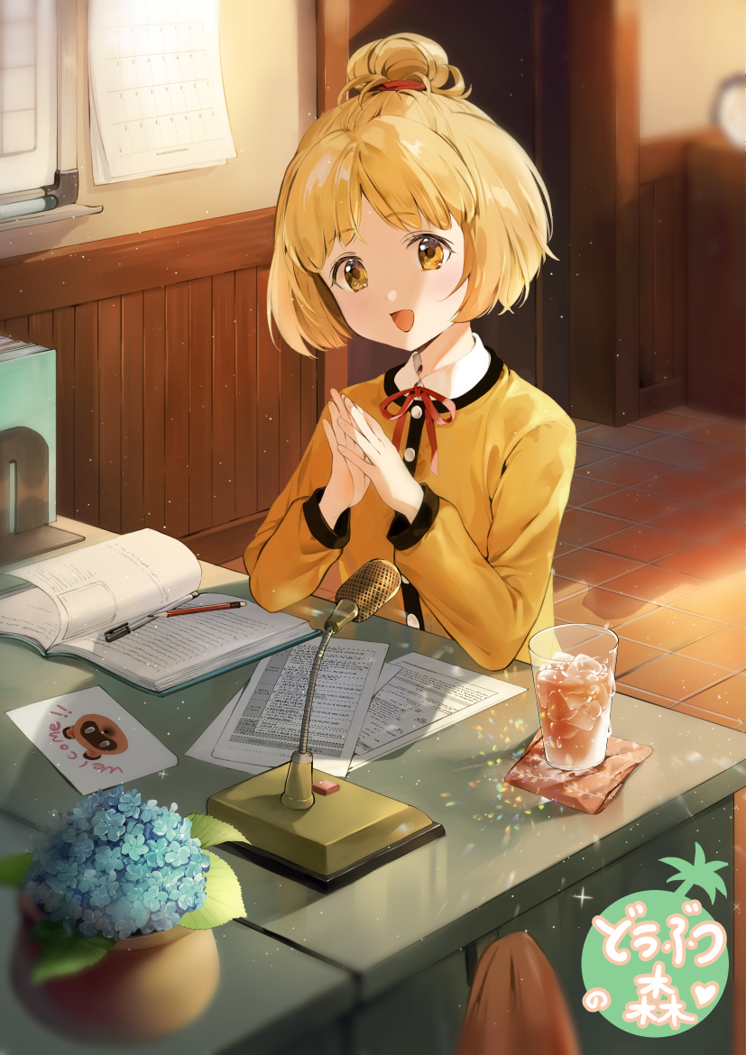 1girl :d animal_crossing blonde_hair blurry book commentary_request cup depth_of_field desk drinking_glass flower hair_bun humanization hydrangea ice ice_(ice_aptx) ice_cube iced_tea indoors isabelle_(animal_crossing) jacket long_sleeves looking_at_viewer microphone neck_ribbon nintendo open_book open_mouth own_hands_together paper parted_bangs pen plant potted_plant red_ribbon ribbon short_hair single_hair_bun smile solo sparkle tile_floor tiles tom_nook_(animal_crossing) upper_body yellow_eyes yellow_jacket