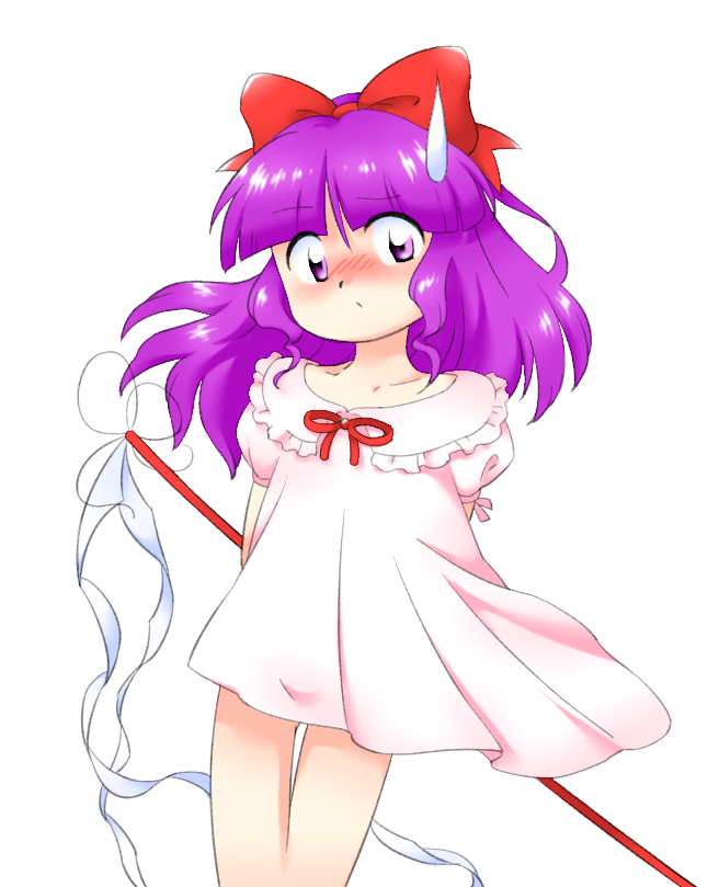 1girl bow gohei hair_bow hakurei_reimu hakurei_reimu_(pc-98) long_hair long_shirt nonamejd pink_shirt puffy_short_sleeves puffy_sleeves purple_eyes purple_hair red_bow red_ribbon ribbon shirt short_sleeves simple_background solo touhou touhou_(pc-98) white_background