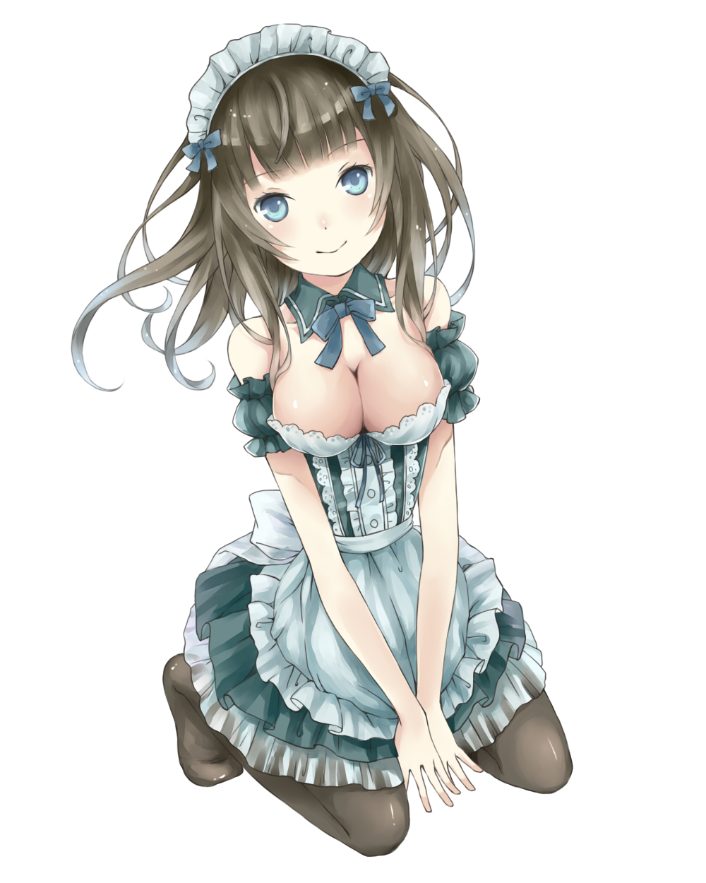 1girl bare_shoulders blue_eyes breasts brown_hair cleavage detached_collar dress female_focus highres kneeling large_breasts long_hair maid maid_headdress original smile solo tamaki_iori thighhighs