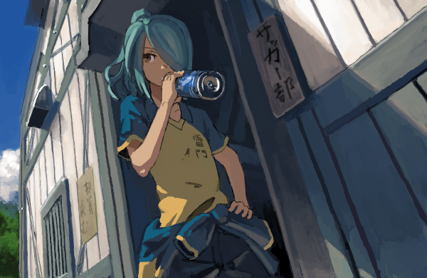 1boy blue_hair bottle clothes_writing drawr drinking dutch_angle hair_over_one_eye inazuma_eleven inazuma_eleven_(series) kazemaru_ichirouta long_hair male_focus oekaki ponytail raimon raimon_soccer_uniform rounin_(amuza) scenery soccer_uniform solo sportswear water_bottle