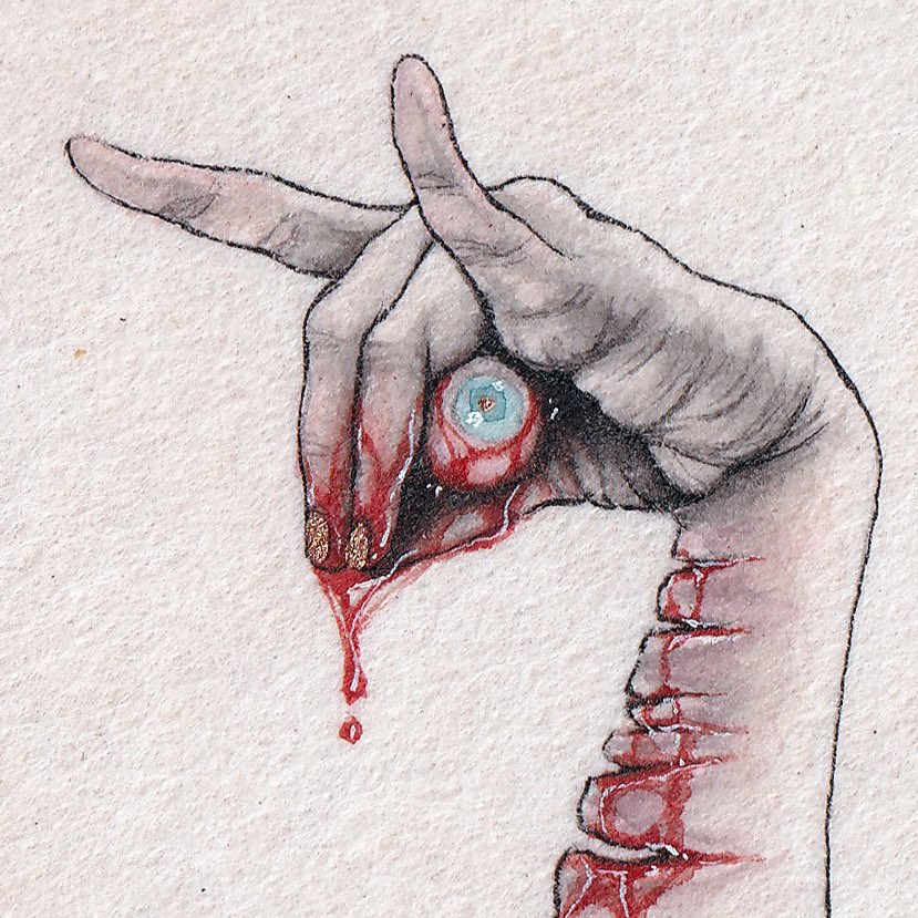 1other bleeding blood blue_eyes cuts eyeball fox_shadow_puppet guro hand_focus holding_eyeball injury meimaro nail_art original painting_(medium) simple_background solo traditional_media