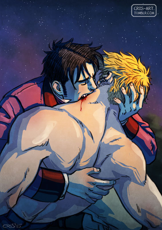 2boys alternate_costume alternate_universe bad_id bad_tumblr_id bara biting black_hair blonde_hair blood_sucking couple cris_art hand_in_another&#039;s_hair hand_on_another&#039;s_head hulkling long_sideburns male_focus marvel multiple_boys muscular muscular_male neck_biting short_hair sideburns thick_eyebrows topless_male upper_body vampire wiccan yaoi