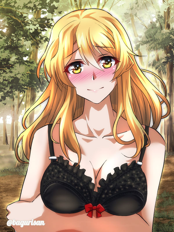 1girl akichin_(atelier_baguri) black_bra blonde_hair blush bra breasts collarbone hair_between_eyes houston_(kancolle) kantai_collection large_breasts long_hair nose_blush solo underwear underwear_only upper_body yellow_eyes