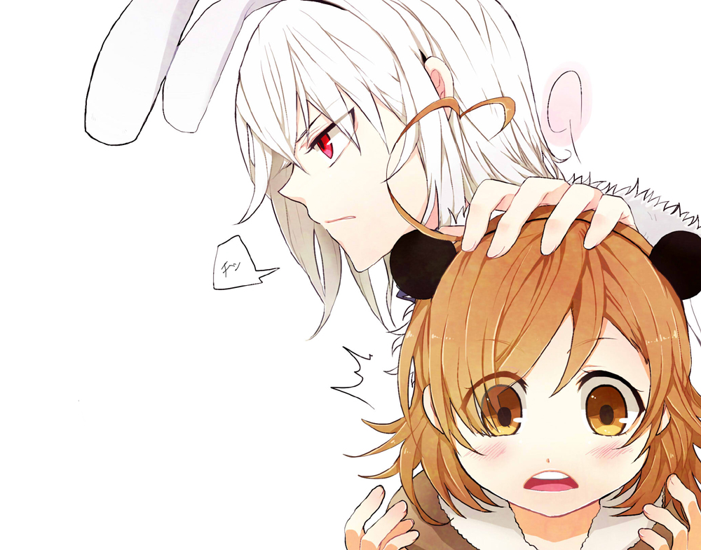 2girls accelerator_(toaru_majutsu_no_index) age_difference ahoge albino animal_ears blush brown_eyes brown_hair child commentary dot_nose fake_animal_ears from_side fur_trim genderswap genderswap_(mtf) gung hair_between_eyes hand_on_another&#039;s_head hands_up last_order_(toaru_majutsu_no_index) medium_hair mouse_ears multiple_girls open_mouth pale_skin portrait profile rabbit_ears red_eyes round_teeth simple_background speech_bubble suzushina_yuriko teeth toaru_majutsu_no_index toaru_majutsu_no_index:_old_testament tongue upper_teeth_only white_background white_hair winter_clothes