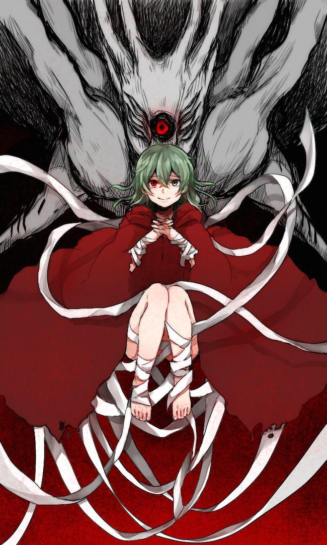 10s 1girl bandages eto_(tokyo_ghoul) female_focus green_eyes green_hair heterochromia interlocked_fingers kagune_(tokyo_ghoul) knees_together_feet_apart matching_hair/eyes red_eyes short_hair smile solo spoilers tokyo_ghoul umesasami umesiso_sasami