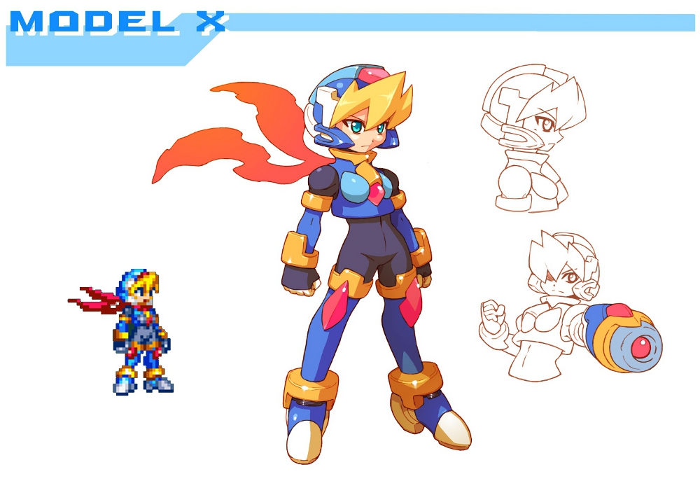 1girl abs alternate_costume alternate_hairstyle armor blonde_hair blue_eyes bodystocking boots breasts ciel_(mega_man) elbow_gloves full_body gauntlets gloves helmet high_heel_boots high_heels knee_pads mega_man_(series) mega_man_zero_(series) mega_man_zx model_x_(mega_man) scarf sleeveless small_breasts sprite_art thigh_boots thighs tomycase white_background