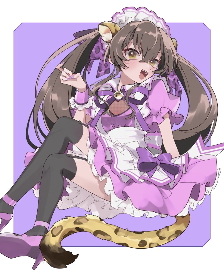 1girl animal_ears apron black_hair black_thighhighs blush brown_eyes dress high_heels idolmaster idolmaster_cinderella_girls leopard_ears leopard_tail long_hair looking_at_viewer maid maid_headdress matoba_risa mochino open_mouth purple_dress smile solo tail thighhighs twintails