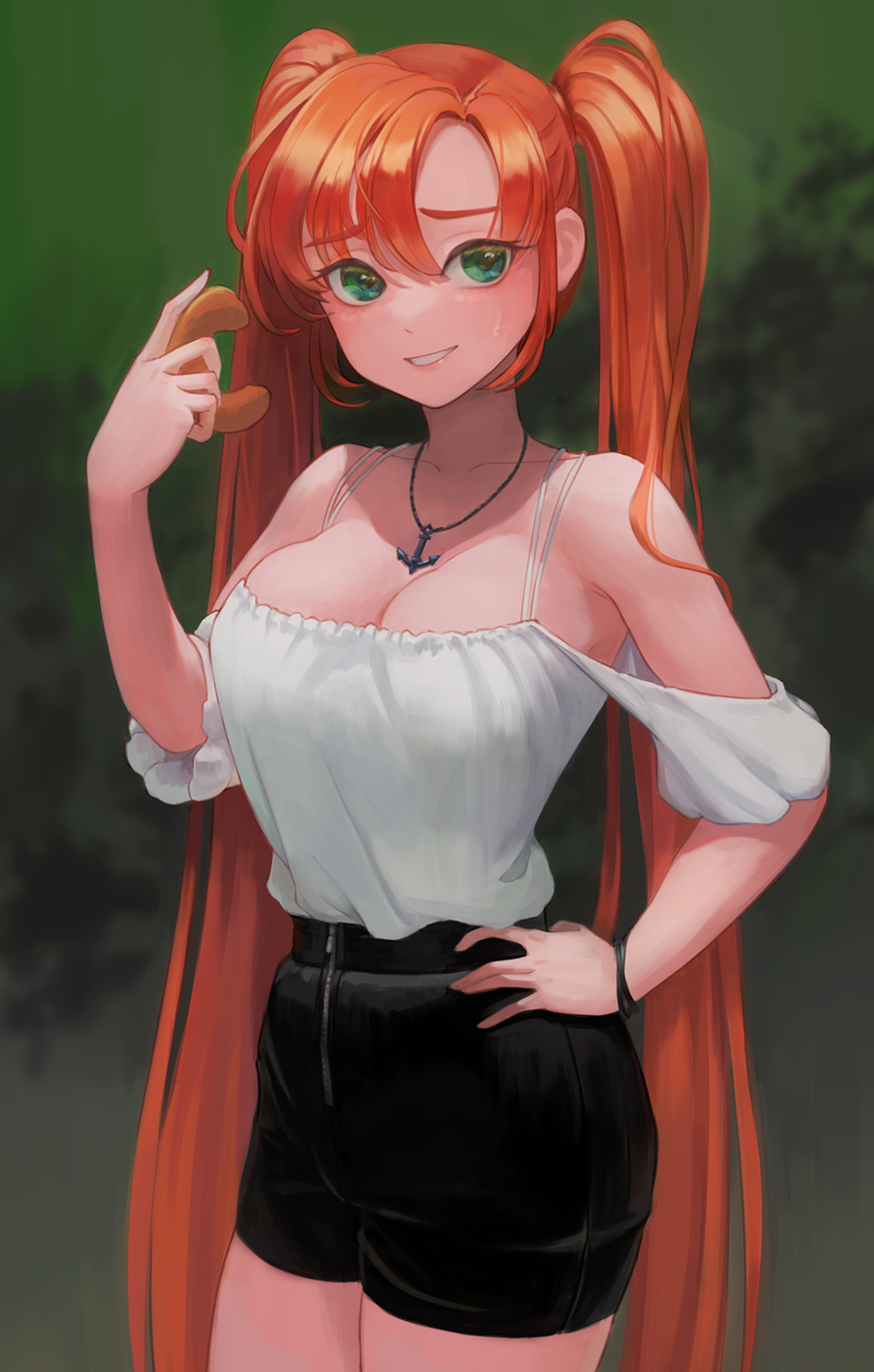 1girl :d anchor_necklace bare_shoulders black_shorts blush bracelet breasts cleavage collarbone cowboy_shot doughnut food green_eyes hand_on_own_hip high-waist_shorts highres holding holding_food hungr_(nyanom) jewelry large_breasts last_origin long_hair looking_at_viewer necklace nereid_(last_origin) off-shoulder_shirt off_shoulder open_mouth parted_lips red_hair shirt short_sleeves shorts smile solo sweatdrop twintails very_long_hair white_shirt