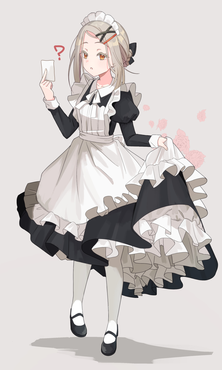 1girl ? apron black_dress black_footwear black_ribbon breasts dot_nose dress eyelashes flower frilled_apron frills full_body gakuen_idolmaster grey_hair hair_bun hair_ornament hair_ribbon hairpin highres holding holding_apron holding_paper idolmaster light_blush long_hair long_sleeves maid maid_apron maid_headdress orange_eyes pantyhose paper parted_bangs parted_lips pink_flower pink_rose puffy_sleeves ribbon rose shadow shinosawa_hiro sidelocks single_hair_bun small_breasts solo standing swept_bangs white_apron white_pantyhose yui081