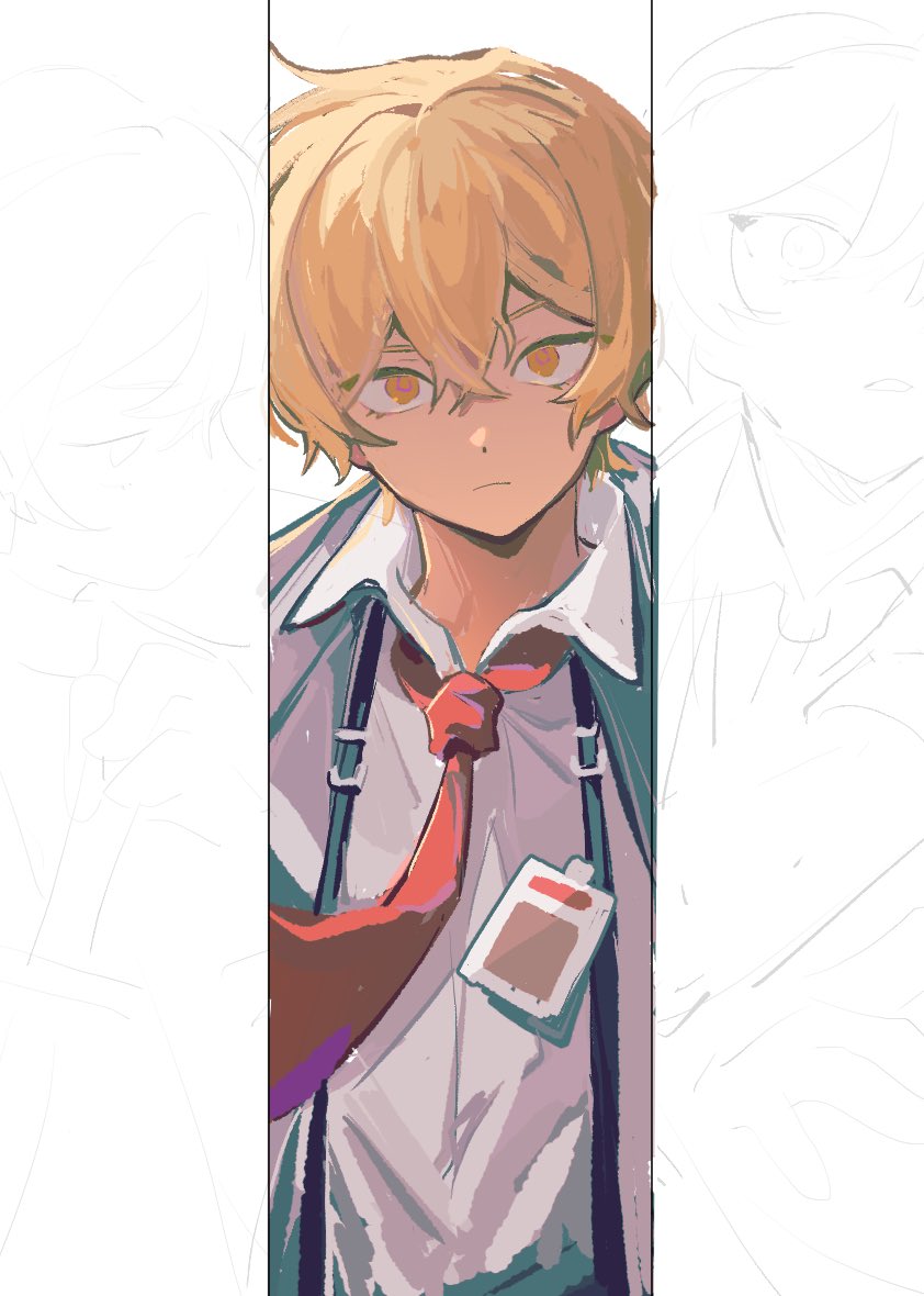 1boy blonde_hair closed_mouth collared_shirt id_card limbus_company male_focus necktie project_moon red_eyes red_necktie shirt short_hair sinclair_(project_moon) solo south_ac suspenders white_shirt yellow_eyes