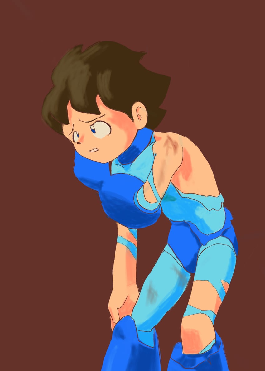 1boy capcom child destroyed_clothing flyingobj highres mega_man_(character) mega_man_(classic) mega_man_(series) robot robot_boy solo torn_clothes