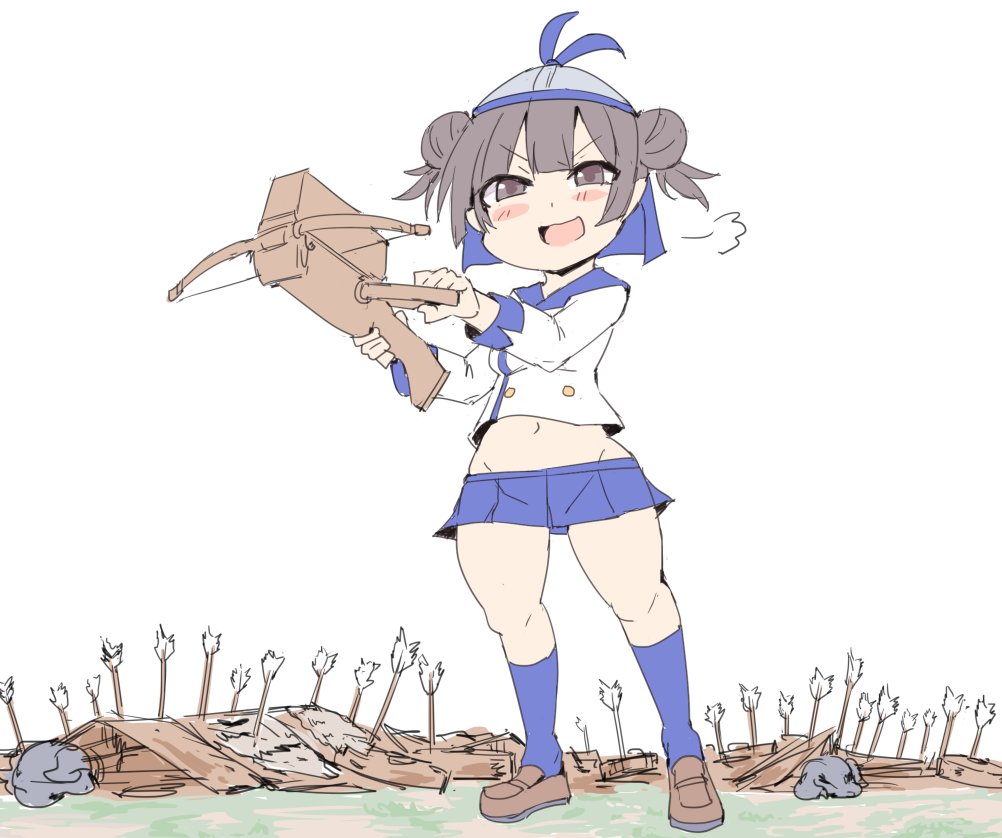 1girl age_of_empires_ii arrow_(projectile) battering_ram blue_skirt blue_socks bow_(weapon) brown_eyes brown_footwear brown_hair chu_ko_nu_(age_of_empires_2) commentary_request crossbow double_bun doyagao full_body hair_bun helmet holding holding_crossbow holding_weapon loafers midriff miniskirt open_mouth pleated_skirt shoes short_hair silver_bell skirt smile smug socks solo standing v-shaped_eyebrows weapon