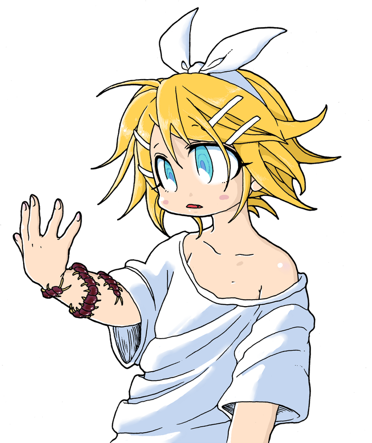 1girl alternate_costume animal_on_arm arm_at_side blonde_hair blue_eyes blush_stickers bow_hairband bug centipede collarbone expressionless fang flat_chest hair_ornament hairband hairclip kagamine_rin looking_at_hand messy_hair no_bra off_shoulder open_mouth outstretched_arm oversized_clothes oversized_shirt shirt short_hair short_sleeves simple_background solo swept_bangs tokita_(jyabarachan) upper_body vocaloid white_background white_shirt