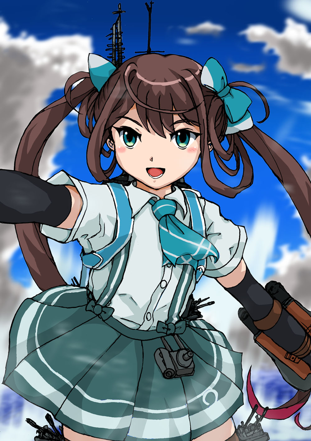 1girl arm_warmers asagumo_(kancolle) ascot blue_ascot blue_sky brown_hair cloud commentary_request cowboy_shot grey_eyes grey_skirt hair_ribbon highres kantai_collection long_hair machinery mutsuki_ken pleated_skirt ribbon shirt short_sleeves skirt sky solo suspender_skirt suspenders translation_request twintails white_shirt