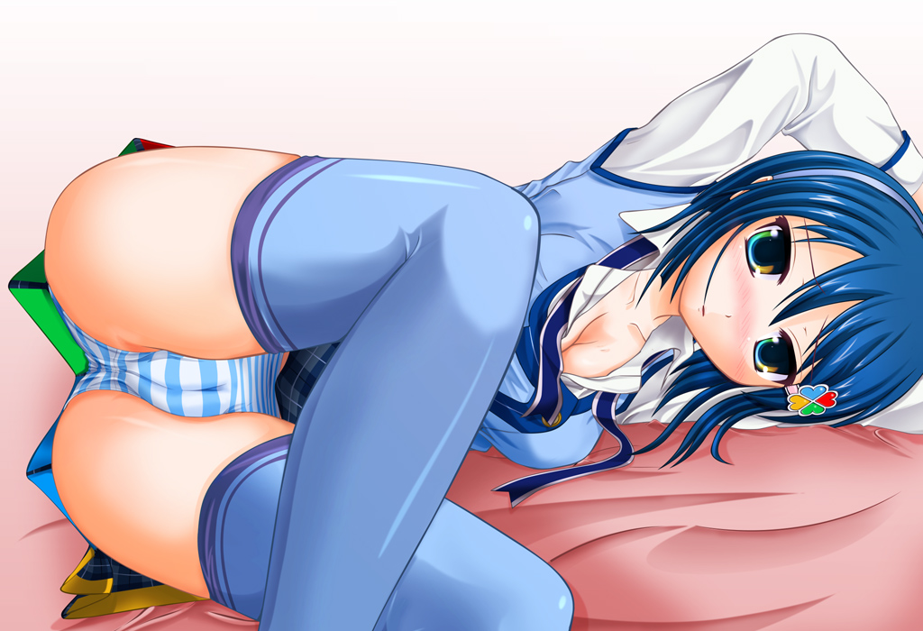 1girl 7-tan blue_hair cameltoe female_focus gradient_eyes madobe_nanami microsoft_windows multicolored_eyes os-tan panties shimoogawa solo striped_clothes striped_panties thighhighs underwear windows_7