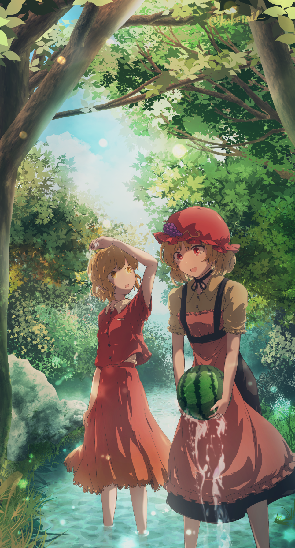 2girls aki_minoriko aki_shizuha apron arm_up black_ribbon black_skirt blonde_hair collared_shirt commentary_request food frilled_shirt frills fruit gradient_clothes gradient_skirt grape_hat_ornament hat highres holding_watermelon kakera_(comona_base) mob_cap multiple_girls neck_ribbon open_mouth orange_apron orange_skirt outdoors red_eyes red_shirt red_skirt ribbon shirt short_hair short_sleeves siblings sisters skirt skirt_hold stream touhou tree wading watermelon yellow_eyes yellow_shirt