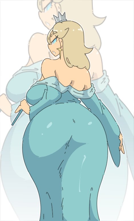 1girl amy_(leedraw) ass ass_focus blonde_hair blue_dress blue_eyes breasts dress from_behind holding holding_wand huge_ass large_breasts leedraw11 long_hair looking_at_viewer looking_back mario_(series) nintendo off_shoulder parted_lips rosalina solo sparkle_earrings wand white_background zoom_layer