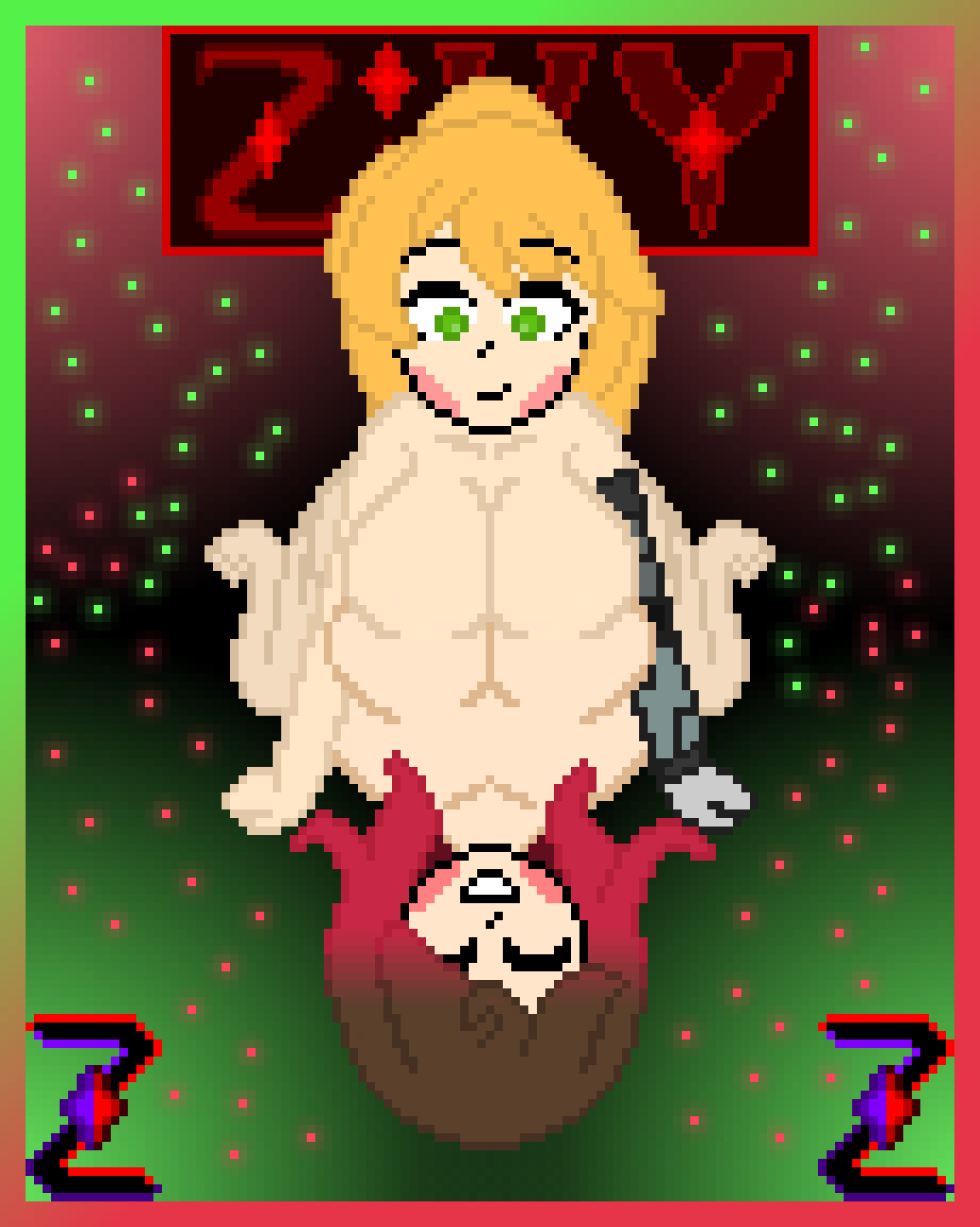 alisha bete_noire blonde_hair breasts brown_hair closed_eyes glitchtale green_eyes highres large_breasts long_hair mechanical_arms nude pixel_art red_hair short_hair single_mechanical_arm smile undertale zixy zixy_(artist) zixy_(artists)