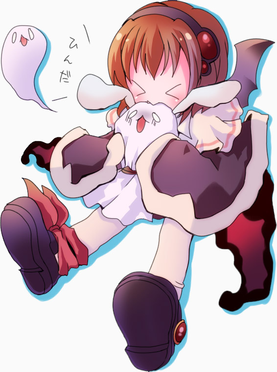 &gt;_&lt; animal_ears bad_id bad_pixiv_id bat_wings biting blush brown_hair closed_eyes ghost giving_up_the_ghost hair_ornament hizukiryou original rabbit_ears ribbon shaded_face short_hair solo thighhighs vampire wings