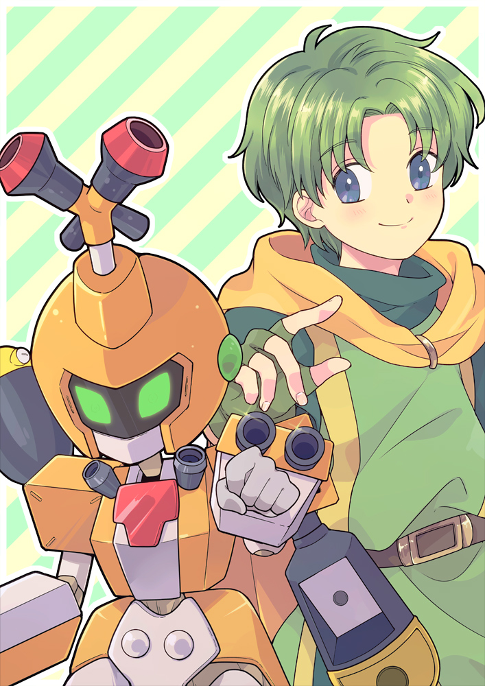 2boys fingerless_gloves fire_emblem fire_emblem:_the_binding_blade ftdr_efb gloves glowing glowing_eyes green_eyes green_hair looking_at_viewer lugh_(fire_emblem) medarot metabee multiple_boys nintendo turtleneck upper_body