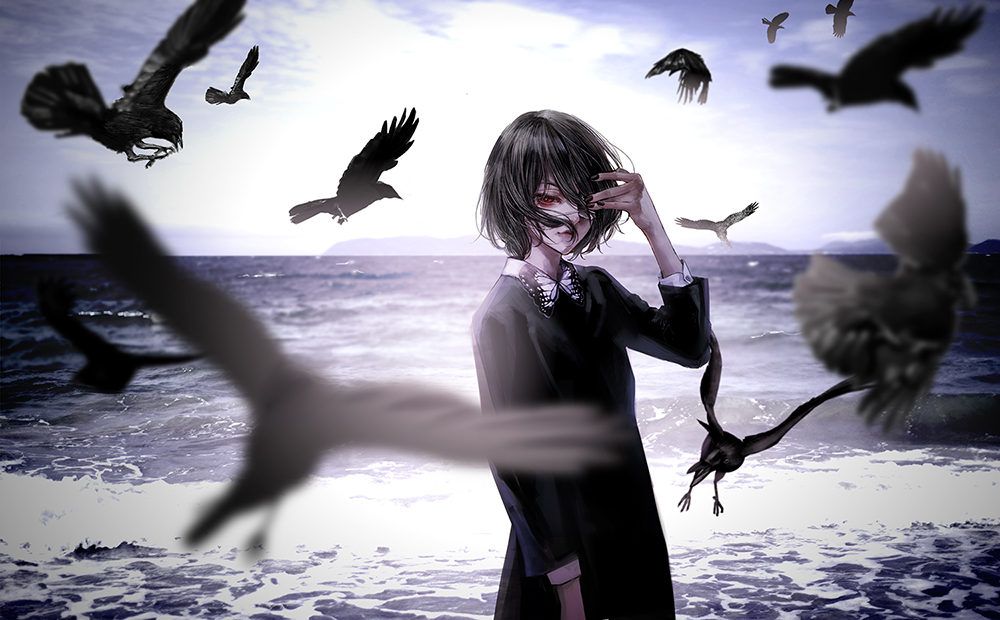 1girl another bird black_dress black_hair black_nails cowboy_shot day dress female_focus floating_hair hair_over_one_eye hand_in_own_hair kiyohara_hiro misaki_mei nail_polish ocean outdoors red_eyes short_hair solo standing