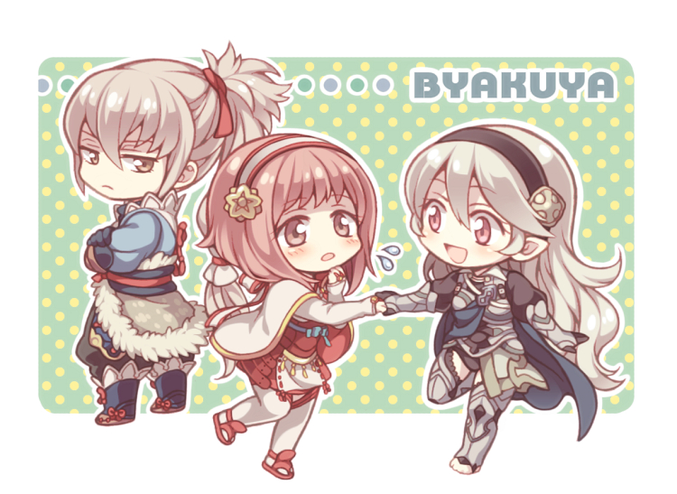 1boy 2girls black_hairband chibi corrin_(female)_(fire_emblem) corrin_(fire_emblem) fire_emblem fire_emblem_fates grey_hair hairband high_ponytail hiyori_(rindou66) multiple_girls nintendo pink_eyes pink_hair sakura_(fire_emblem) takumi_(fire_emblem) white_hairband