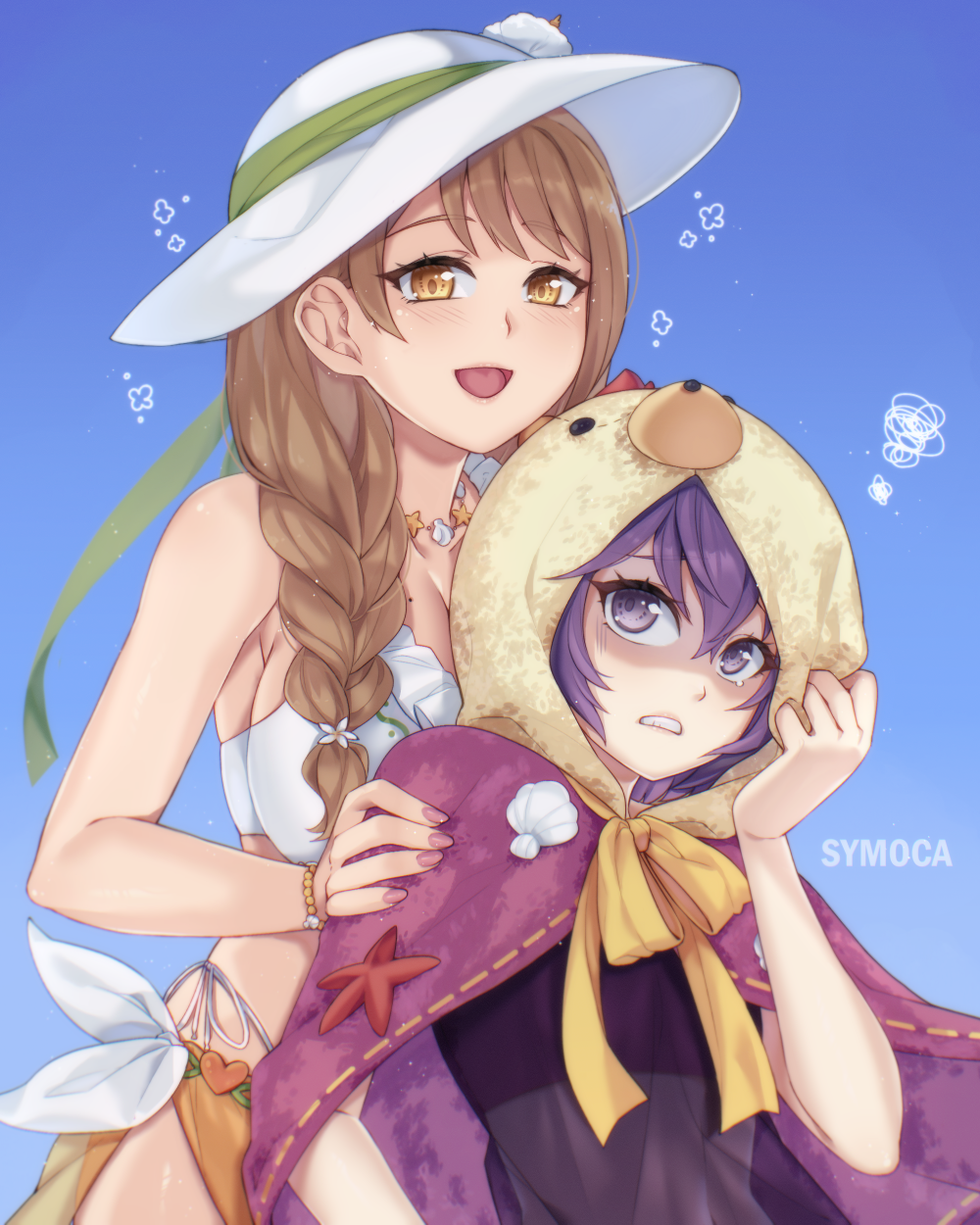 2girls annoyed bare_arms bernadetta_von_varley bernadetta_von_varley_(summer) bikini blue_background braid braided_ponytail breasts brown_hair cape cleavage fire_emblem fire_emblem:_three_houses fire_emblem_engage fire_emblem_heroes frown goldmary_(fire_emblem) goldmary_(summer)_(fire_emblem) hair_between_eyes hair_over_shoulder hand_on_another&#039;s_arm happy hat highres hood large_breasts long_hair looking_at_viewer looking_back mole mole_on_breast multiple_girls nail_polish nintendo official_alternate_costume pink_nails purple_bikini purple_eyes purple_hair sarong see-through short_hair side_ponytail small_breasts sun_hat swimsuit symoca white_bikini yellow_eyes yellow_sarong