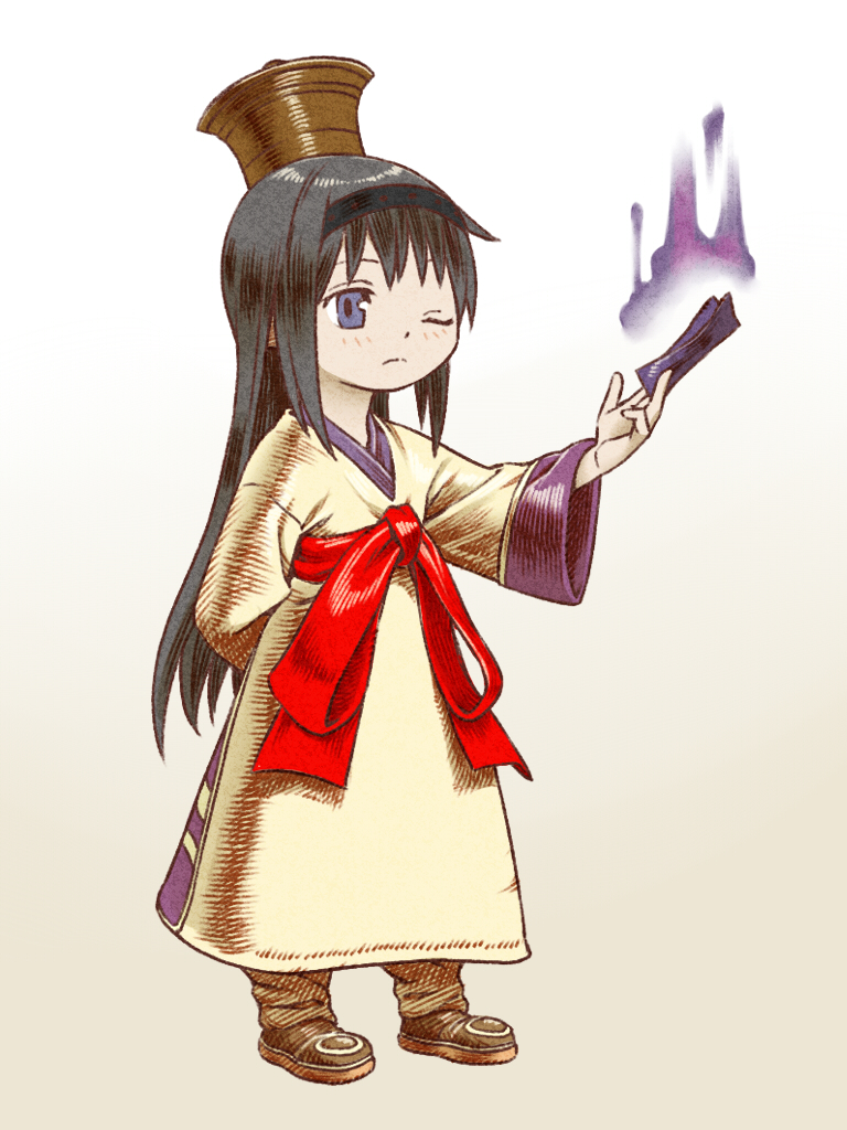 10s 1girl akemi_homura bad_id bad_pixiv_id black_hair final_fantasy final_fantasy_tactics hairband hat long_hair mahou_shoujo_madoka_magica mahou_shoujo_madoka_magica_(anime) md5_mismatch mystic_(fft) oda_takayuki ofuda one_eye_closed purple_eyes robe simple_background solo white_background wink