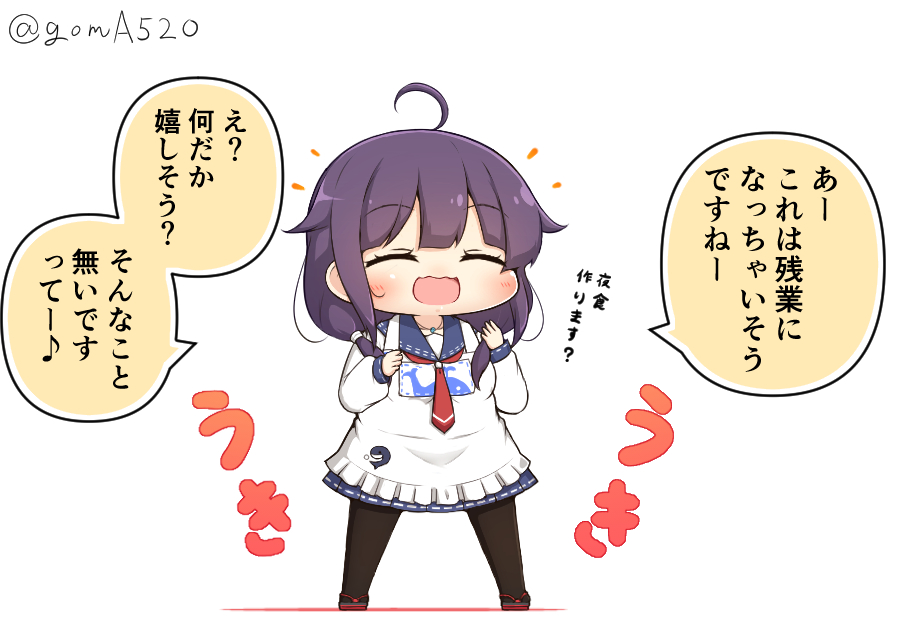 1girl ahoge animal_print apron blue_sailor_collar chibi closed_eyes commentary_request fish_print food full_body goma_(yoku_yatta_hou_jane) hair_flaps kantai_collection low_twintails neckerchief open_mouth purple_hair red_neckerchief sailor_collar school_uniform serafuku simple_background solo standing taigei_(kancolle) translation_request twintails twitter_username wavy_mouth whale_print white_background