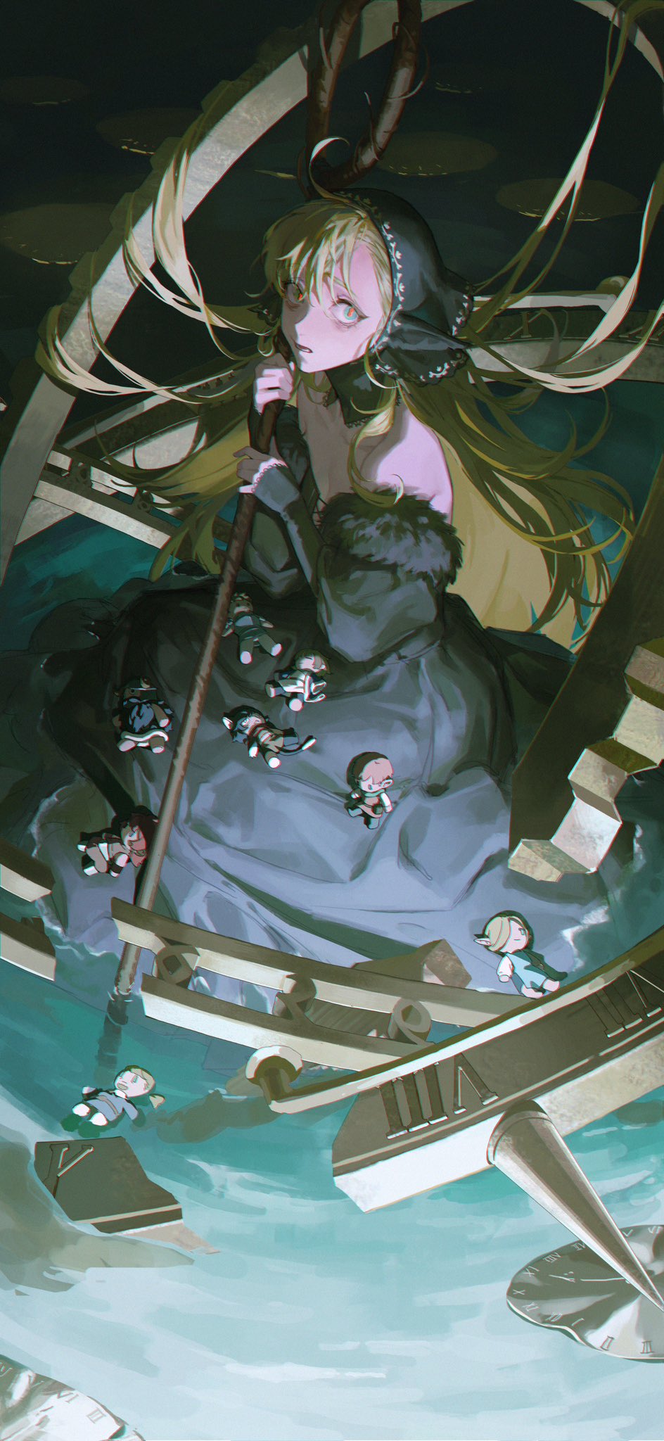 4boys 5girls animal_ears bare_shoulders beard black_dress black_hair black_hood blonde_hair breasts broken brown_hair cat_ears cat_girl cat_tail character_request chilchuck_tims cleavage clock commentary_request detached_hood detached_sleeves dress dungeon_meshi facial_hair floating fur_trim gears green_eyes highres izutsumi laios_touden long_hair mage_staff marcille_donato marcille_donato_(lord) multiple_boys multiple_girls open_mouth pointy_ears red_hair senshi_(dungeon_meshi) short_hair small_breasts tail toaot very_long_hair water