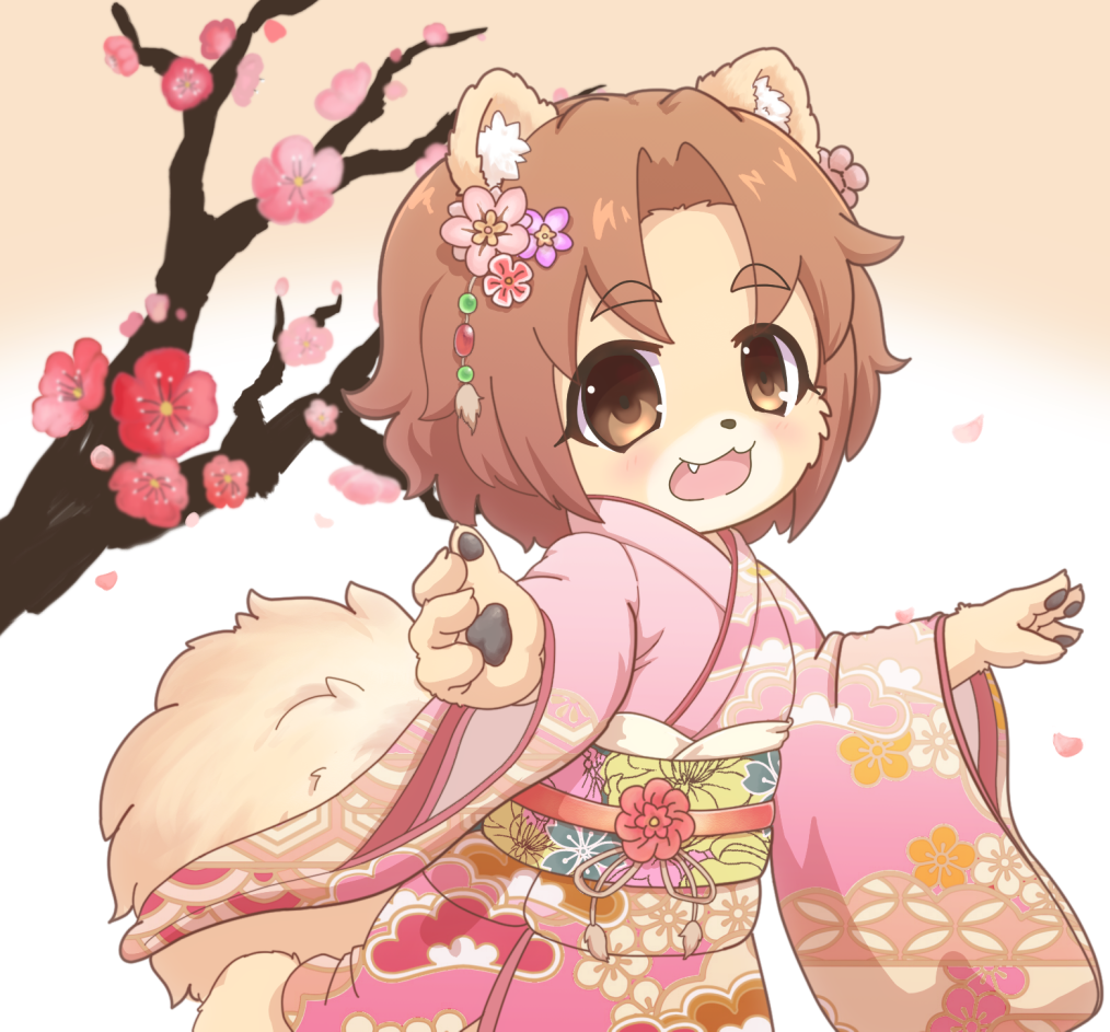 1girl :3 animal_ears animal_hands animal_nose brown_eyes brown_hair commentary_request dog_ears dog_girl dog_tail fang floral_print flower furry furry_female hair_flower hair_ornament japanese_clothes kimono looking_at_viewer obi open_mouth original outdoors pawpads pink_kimono pomeranian_(dog) print_kimono sash short_hair solo tail tree wide_sleeves yude_unagi