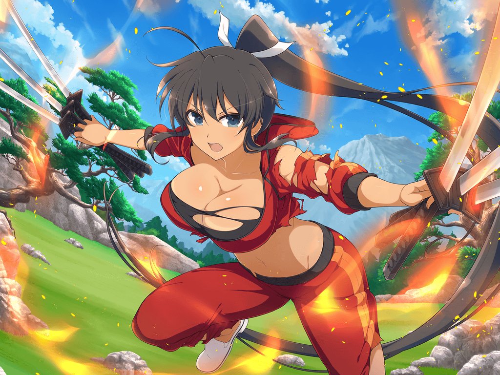 1girl attack bare_shoulders black_hair black_sports_bra blue_eyes blush body_blush bonsai boulder bra breasts cleavage curvy dark-skinned_female dark_skin day field fire forest grass groin hair_ribbon high_ponytail holding holding_sword holding_weapon homura_(senran_kagura) hood hooded_jacket jacket jumping katana large_breasts linea_alba long_hair looking_at_viewer mountain mountainous_horizon multiple_swords multiple_wielding nature navel official_alternate_costume official_art pants plant ponytail red_track_suit ribbon rock senran_kagura senran_kagura_shoujo-tachi_no_shin&#039;ei solo sports_bra sword tan tanline torn_bra torn_clothes torn_pants torn_sleeve torn_sports_bra track_jacket track_pants tree tsuba_(guard) tsuka-ito underwear very_long_hair weapon white_footwear white_ribbon wide_hips yaegashi_nan