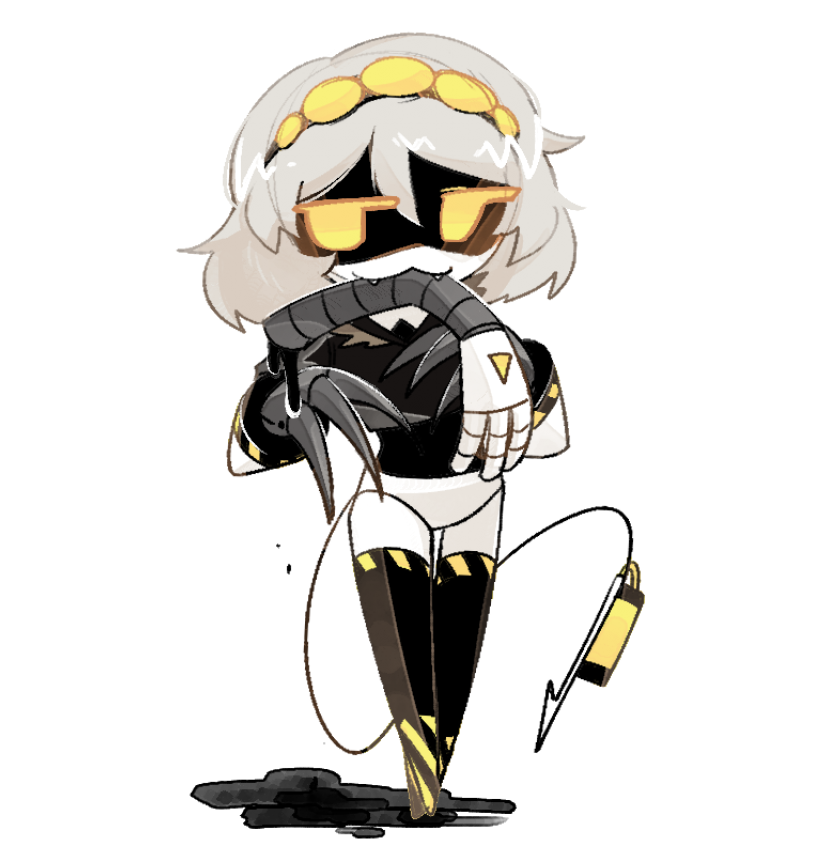 1girl chibi claws coat colored_skin fangs female_focus glitch_productions grey_skin mecha_girl mechanical_tail murder_drones no_humans robot_girl severed_limb shiny_skin short_hair tail teeth thighhighs v_(murder_drones) yellow_eyes