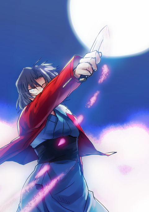 1girl black_hair female_focus full_moon glowing glowing_eyes homutatu jacket japanese_clothes kara_no_kyoukai kimono knife moon red_jacket ryougi_shiki solo