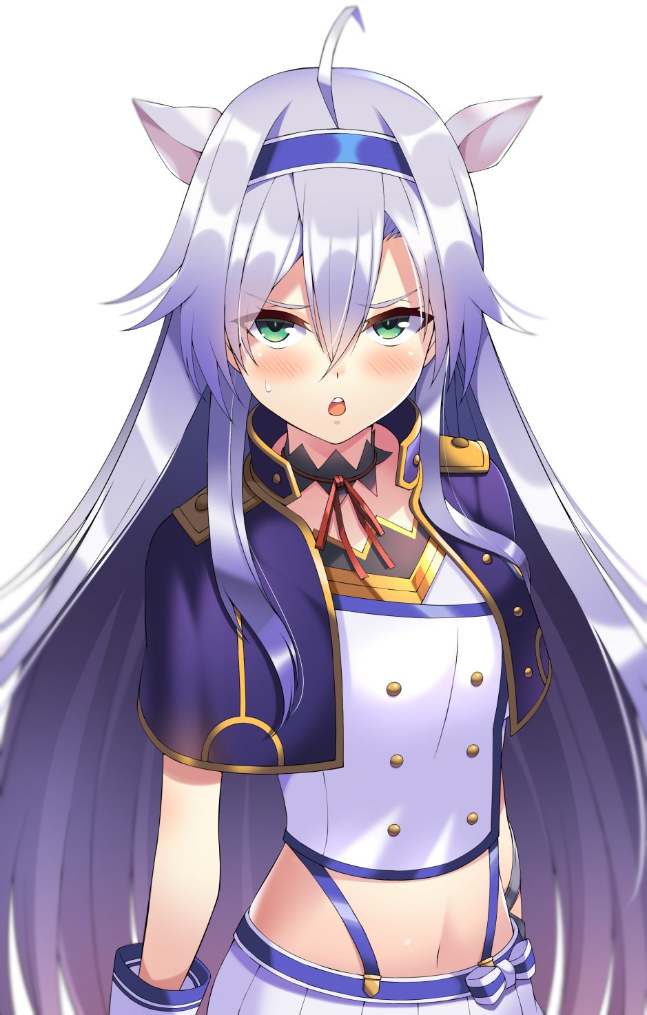 1girl alzano_school_uniform arms_at_sides blue_capelet blue_hairband blush bow capelet cowboy_shot embarrassed fagi_(kakikaki) female_focus green_eyes hair_between_eyes hair_bow hairband highres long_hair looking_at_viewer midriff miniskirt navel neck_ribbon open_mouth pleated_skirt red_ribbon ribbon rokudenashi_majutsu_koushi_to_akashic_record school_uniform shirt silver_hair simple_background sistine_fibel skirt sleeveless sleeveless_shirt smile solo standing stomach suspender_skirt suspenders sweat very_long_hair white_background white_bow white_shirt white_skirt wrist_cuffs