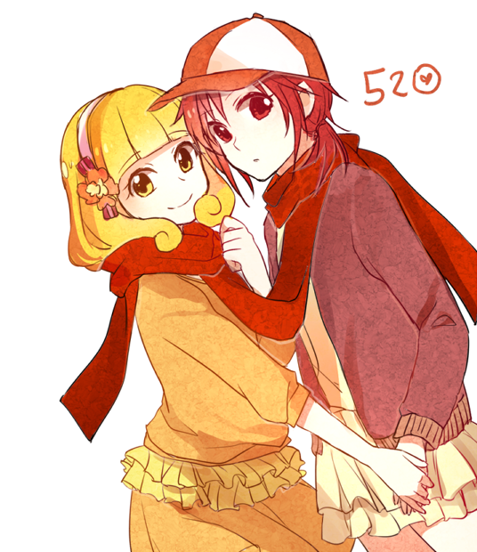 10s 2girls alternate_costume blonde_hair blunt_bangs hairband hat hino_akane_(smile_precure!) holding_hands kazhi kise_yayoi long_hair multiple_girls orange_shirt ponytail precure red_eyes red_hair scarf shared_clothes shared_scarf shirt short_hair smile smile_precure! white_hairband yellow_eyes