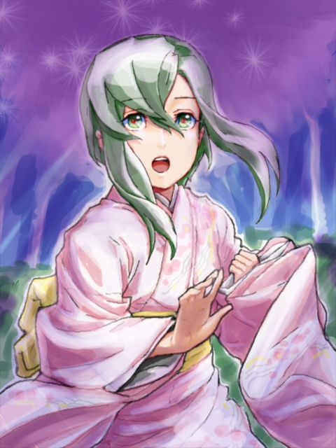 1girl bad_id bad_pixiv_id female_focus green_eyes green_hair japanese_clothes kazama_hazuki kimono matching_hair/eyes oekaki open_mouth samurai_spirits snk solo tamura_(nex)