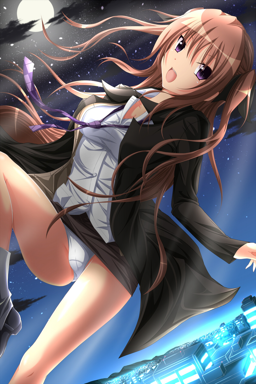 akane_miu anna_(mirai_nostalgia) bad_id bad_pixiv_id brown_hair city flying full_moon highres long_hair mirai_nostalgia moon necktie night night_sky open_mouth panties purple_eyes shirt sky socks solo underwear white_panties white_shirt white_socks