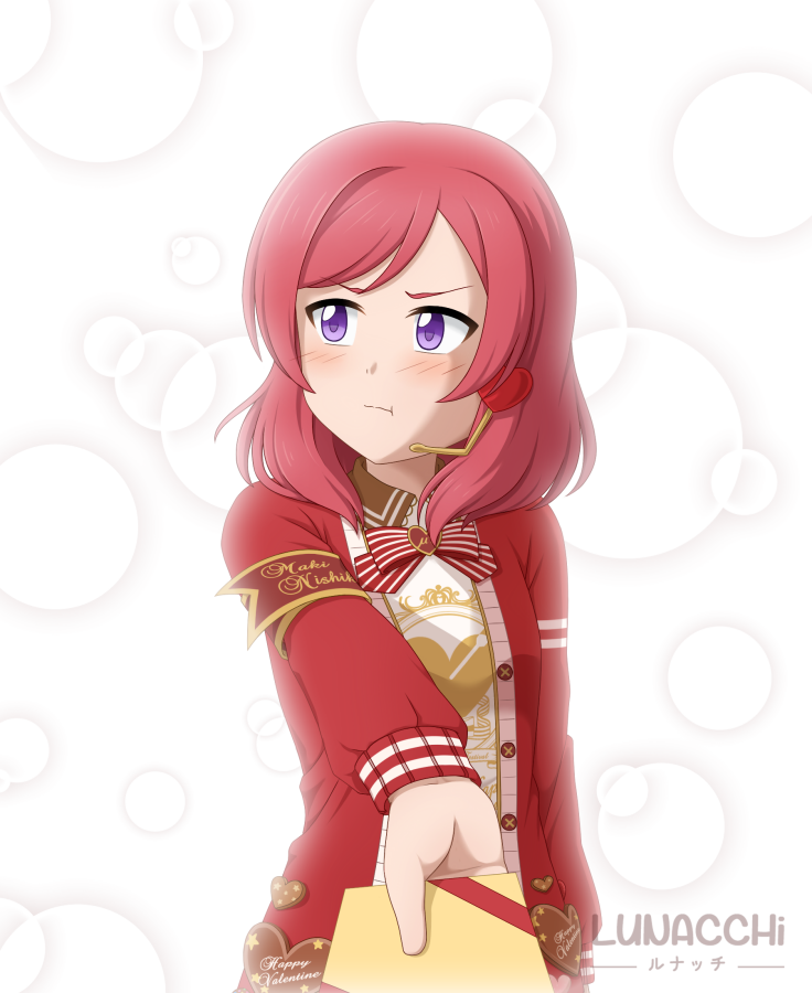 1girl armband artist_name blush bubble_background circle_background closed_mouth female_focus happy_valentine heart jacket letter looking_away looking_to_the_side love_live! love_live!_school_idol_festival love_live!_school_idol_project lunacchi microphone nishikino_maki purple_eyes red_hair red_jacket short_hair solo valentine white_background