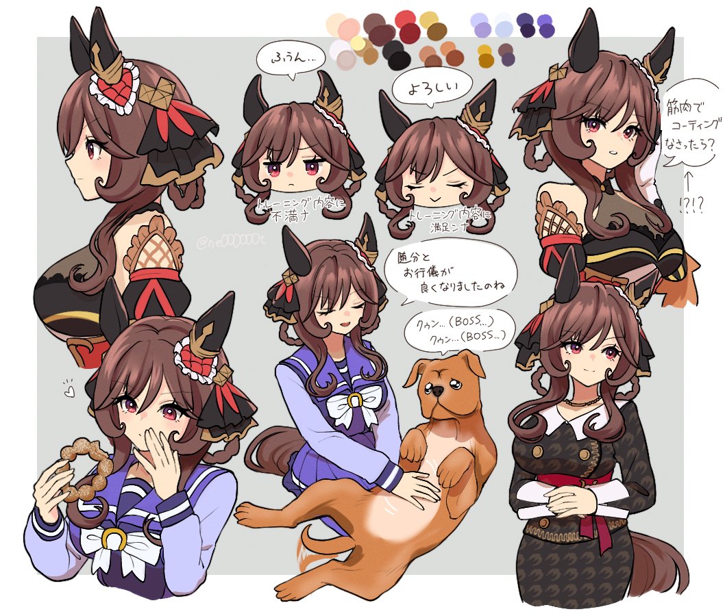 1girl animal_ears bare_shoulders black_jacket border bow bowtie braid braided_hair_rings breasts brown_hair buttons casual dog double-breasted ear_covers gentildonna_(umamusume) grey_background hair_ribbon hair_rings heart-shaped_ornament heart_ear_ornament horse_ears horse_girl horse_tail horseshoe_ornament jacket jewelry large_breasts long_sleeves looking_at_viewer looking_to_the_side multiple_views ne000000t necklace pleated_skirt purple_shirt purple_skirt red_eyes ribbon sailor_collar sailor_shirt school_uniform shirt simple_background skirt smile tail tracen_school_uniform twitter_username umamusume white_border white_bow white_bowtie