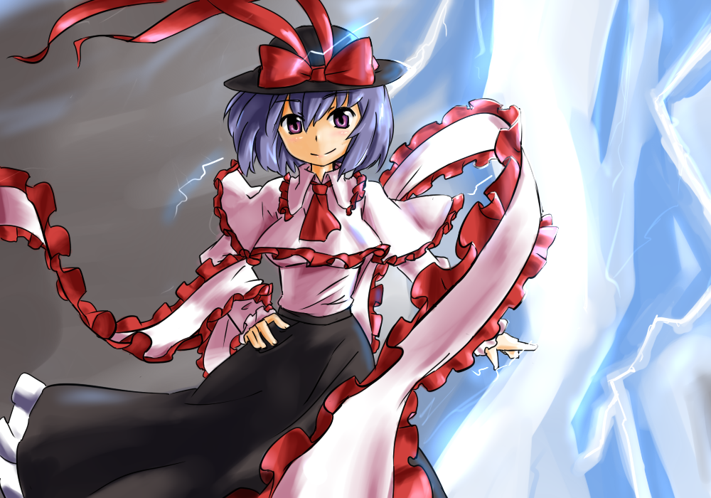 1girl blue_hair female_focus hand_on_own_hip hat hihachi hip_focus lightning nagae_iku purple_eyes ribbon smile solo touhou