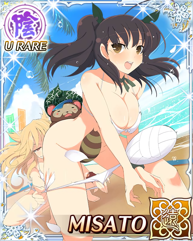 10s 2girls ball beach bikini bra breasts card_(medium) character_name kumi_(senran_kagura) large_breasts long_hair misato_(senran_kagura) multiple_girls official_art panties panty_pull senran_kagura smile summer swimsuit underwear white_bra white_panties