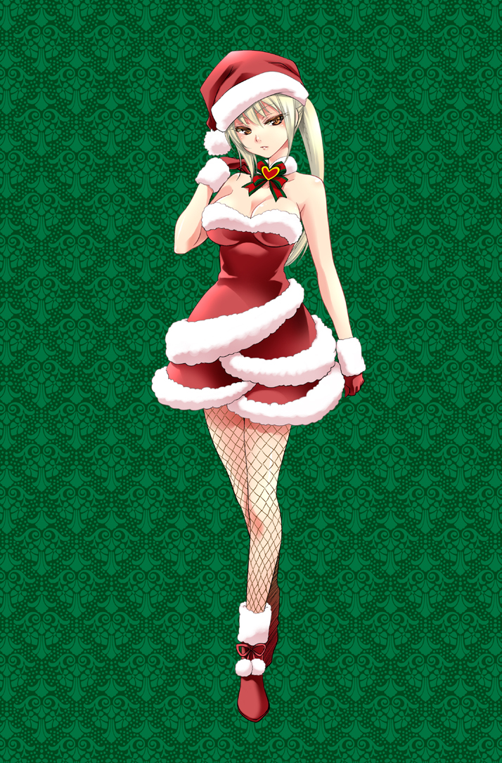 1girl blonde_hair boots breasts brown_eyes choker cleavage dress fishnet_pantyhose fishnets fur_collar fur_trim gloves hat high_heels large_breasts long_bangs long_hair musou_orochi pantyhose parted_bangs ponytail red_dress red_footwear red_gloves ribbon_choker santa_boots santa_costume santa_dress santa_gloves santa_hat shin_sangoku_musou shiny_skin solo solo_focus wang_yuanji_(shin_sangoku_musou) yukino_amagai