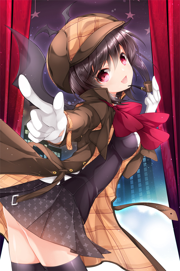 1girl bat_wings black_hair black_thighhighs coat cowboy_shot deerstalker detective fang female_focus gloves hat head_tilt holding juna looking_at_viewer open_mouth pleated_skirt pointing purple_hair red_eyes rion_flina short_hair skirt smoking_pipe solo standing star_(symbol) sword_girls thighhighs trench_coat white_gloves wings zettai_ryouiki