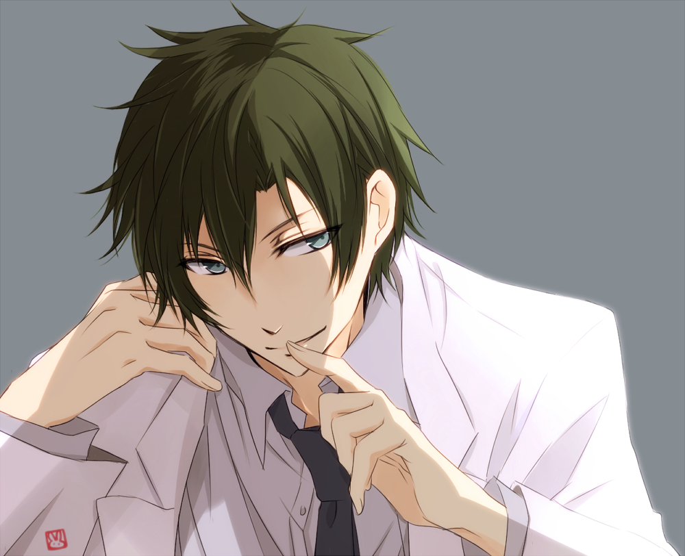 10s 1boy aoharu_x_kikanjuu blue_eyes finger_to_mouth green_hair male_focus midori_nagamasa necktie short_hair simple_background smile solo tsukimori_usako